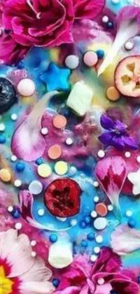 This live wallpaper is a feast for the eyes featuring a microscopically captured closeup of a plate of food with flowers on it, entwined with mouth-watering gumdrops