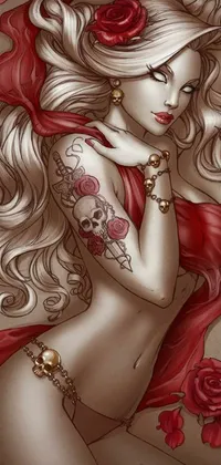 This gothic phone live wallpaper displays a stunning drawing of a blonde woman with roses in her hair