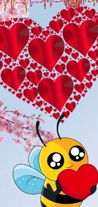 This phone wallpaper features a colourful design of a bee holding a heart while flying through the air against a cherry background