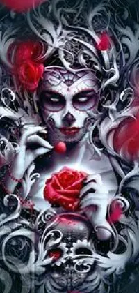 This phone live wallpaper features a mesmerizing gothic artwork of a woman adoring roses in her hair, inspired by Dia de los Muertos