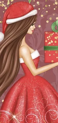 This phone live wallpaper showcases a digital art image of a lady dressed in a red outfit holding a holiday gift
