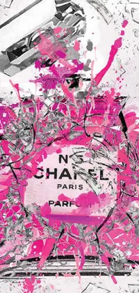 This live wallpaper features a stunning painting of a classic Chanel perfume bottle, adorned with pink paint splatters that give it a stylish, edgy feel