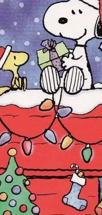 This lively smartphone wallpaper displays a vibrant cartoon dog resting on a rooftop adjacent to an attractive X-mas tree
