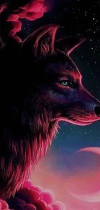 This live wallpaper for phones showcases a striking scene with a wolf flying through the sky against a backdrop of a bright moon