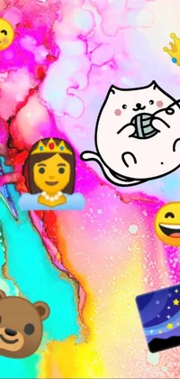 This fun live wallpaper features a playful cat surrounded by cheerful emojis, Snapchat filters, and vibrant confetti, all floating on a colorful and fancy background of New Zealand scenery