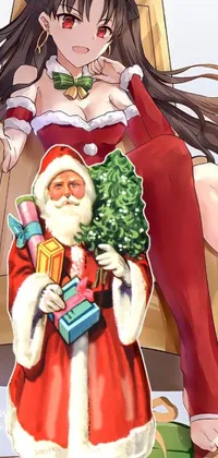 This phone live wallpaper depicts an enchanting scene where a stunning woman in festive attire sits on a chair next to a dazzlingly-adorned Christmas tree