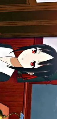 This live wallpaper features a striking digital rendering of a mysterious woman with long black hair in a seifuku standing in an equally enigmatic room, with her fully red eyes seemingly piercing through
