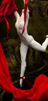This live phone wallpaper showcases a beautiful and surreal Chinese ribbon dancer, gracefully moving in the air while holding a vibrant red cloth
