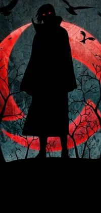 Looking for an edgy and captivating live wallpaper for your phone? Check out this stunning image of a mysterious cloaked figure standing in front of a striking red moon
