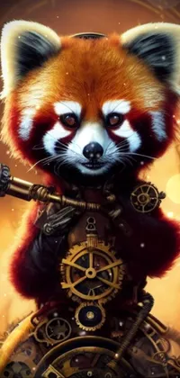 Welcome to a unique live wallpaper for your phone! This vibrant design features a cute red panda sitting on top of a clock