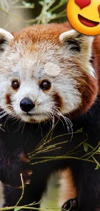 This phone live wallpaper features an adorable and charming red panda standing on its hind legs, gazing up at a tree with a smiley face on the trunk