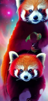 Get lost in the captivating world of this phone live wallpaper featuring two adorable red pandas lounging on one another in furry detail