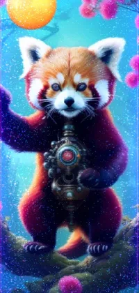 This live phone wallpaper features a stunning painting of a red panda in a tree wearing a kitsune-inspired armor adorned with flowers and leaves
