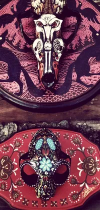 This phone live wallpaper depicts two ornate plates sitting on a wooden table, with a vanitas-like feel
