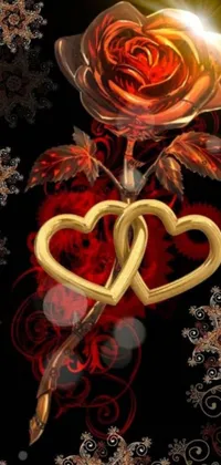 This stunning phone live wallpaper features a digitally rendered image of two gold rings adorned with intertwined hearts and spades resting delicately on a bright red rose