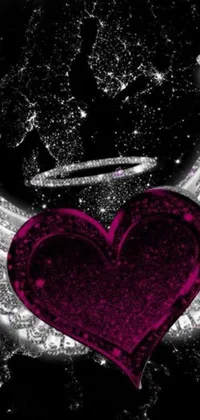 This phone live wallpaper showcases a stunning digital rendering of a heart with wings on a black background, complemented by purple sparkles