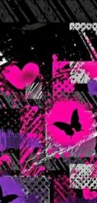 This live wallpaper boasts a captivating pattern of interwoven hot pink and black hearts and butterflies on a black backdrop