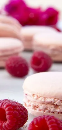 This mobile wallpaper showcases a table adorned with delectable macarons and ripe raspberries set against a light blush background