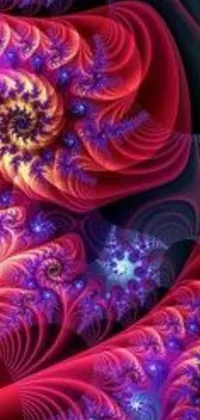 This phone live wallpaper features a mesmerizing digital art display of spiralling fractals in shades of red and purple