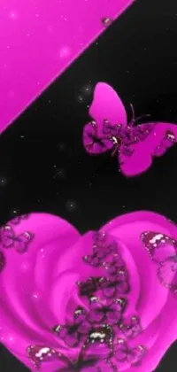 This stunning phone live wallpaper features adorable butterflies perched on a vibrant pink heart, complemented by a black background and black and purple rose petals
