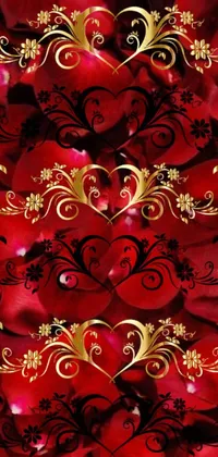This stunning live phone wallpaper features a luxurious red and gold background adorned with intricately detailed rose petals and golden filigree