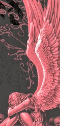 This live wallpaper features an angel sitting on the ground with intricate feather patterns on its wings