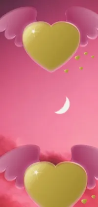 This angel-themed live wallpaper for iPhones features heart-shaped lace-patterned balloons in pastel colors gently floating in a serene moonlit sky