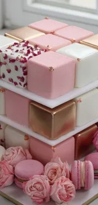 This live phone wallpaper features a closeup view of a three tiered cake with white and pink cubes, adorned with pieces of fruit and berries