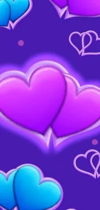 This live phone wallpaper features a mesmerizing display of purple and blue hearts set against a textured purple background