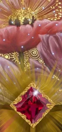 This phone live wallpaper showcases an intricately detailed and vibrant digital painting of a gilded red flower, adorned with sparkling diamonds and a crown of ruby gems