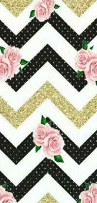 This phone live wallpaper boasts a charming aesthetic with its black and white chevron pattern and pink roses