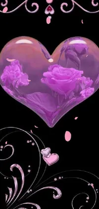 This phone live wallpaper depicts a stunning purple heart surrounded by delicate flowers on a black background