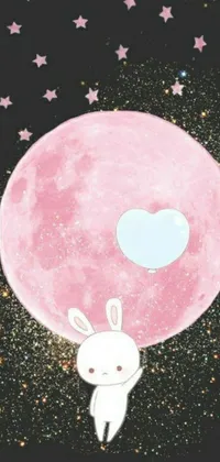 This stunning live wallpaper for your phone features an adorable hand-drawn illustration of a bunny holding a heart-shaped balloon