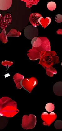 This phone live wallpaper showcases a charming display of red roses and hearts on a black backdrop - a perfect addition to your iPhone 15 background