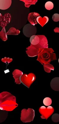 This phone live wallpaper showcases a charming display of red roses and hearts on a black backdrop - a perfect addition to your iPhone 15 background