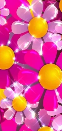 This phone wallpaper features a stunning array of pink and yellow flowers in vector art, accompanied by blinking lights, close-up images and sparkling stars