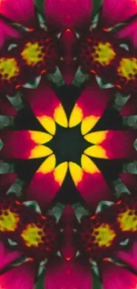 This phone wallpaper features a digital render of a red and yellow flower inspired by abstract illusionism