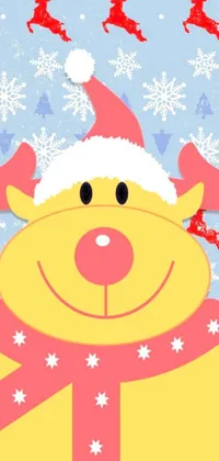 This lively phone wallpaper presents a charming and joyful cartoon reindeer donning a merry Christmas-themed outfit complete with a Santa hat and a scarf