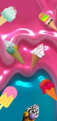 This vibrant phone live wallpaper features a colorful display of ice cream cones sitting on top of a pink surface