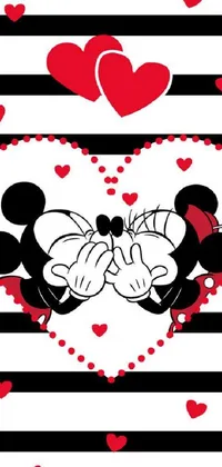 This delightful live phone wallpaper features a vintage-style, black-and-white cartoon of two favorite Disney characters, holding each other close within a vibrant stripe background