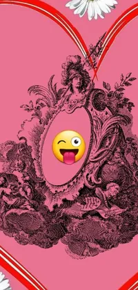 This phone live wallpaper features a heart with a smiley face surrounded by daisies in shades of pink and white, all inspired by the Rococo style