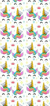 This live phone wallpaper showcases a charming pattern of unicorns and rainbows set on a bright white background