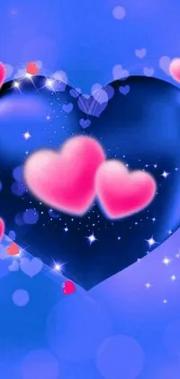 This heart live wallpaper features a detailed red heart on a blue background with pink hearts in the background