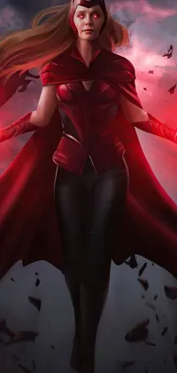 This phone live wallpaper boasts a stunning design of a woman donning a vibrant red cape in mid-flight