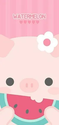 Decorate your phone with this cute and colorful live wallpaper showcasing a delightful pink pig holding a slice of juicy watermelon in its mouth