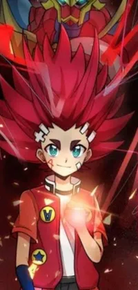This animated phone wallpaper features a vividly designed red-haired cartoon character with blue eyes who wears a fiery inafune-inspired red uniform with black accents