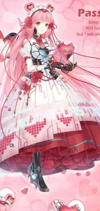 This live wallpaper features a futuristic robot girl in a striking pink dress sitting on a throne made of intricate machinery