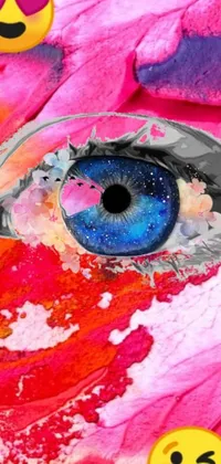 This phone live wallpaper depicts a close-up of an eye with psychedelic blue and pink paint splashes creating a visually stunning digital painting
