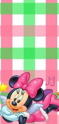 Decorate your phone with this playful and cute wallpaper featuring the beloved Disney character, Minnie Mouse, set against a vibrant pink and green checkered pattern