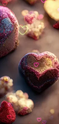 This phone live wallpaper features a digital art piece of a group of chocolate hearts sitting on a table in a cinematic closeup